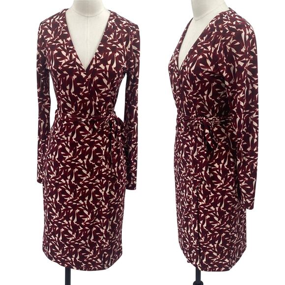 Ann Taylor Wrap Dress Stretchy Long Sleeve Abstract Floral Maroon Red Cream 4 - Picture 1 of 8